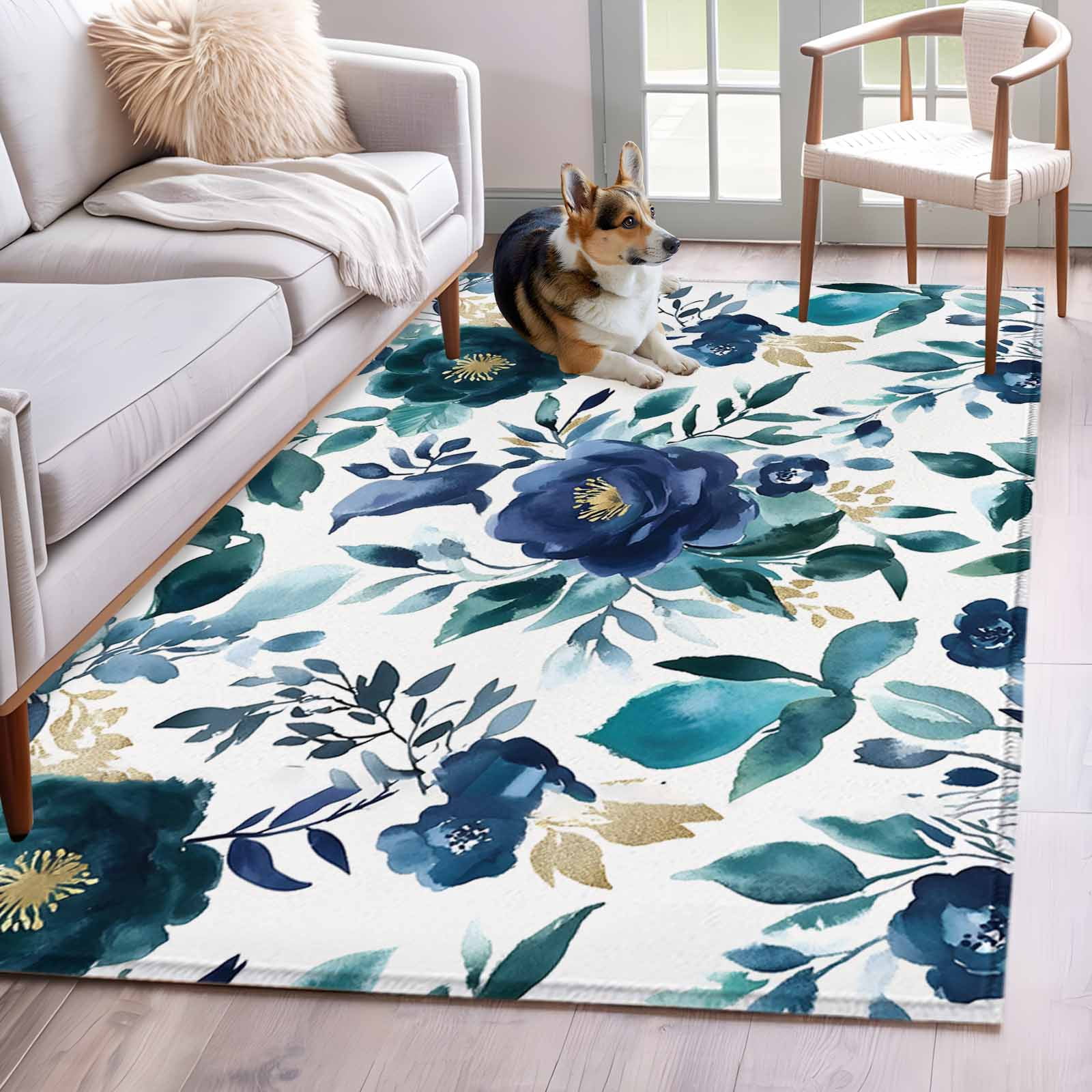 Low Profile Blue Rug Blue Rose Washable Area Rug 3x5 Watercolor Floral Leaf Countryside ...