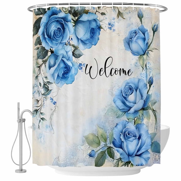 Blue Rose Welcome Text Bathroom Shower Curtains with Hooks, Spring Summer Floral Waterproof Fabric Washable Shower Curtain for Home Hotel Bathtub Decor 60x72 Inch