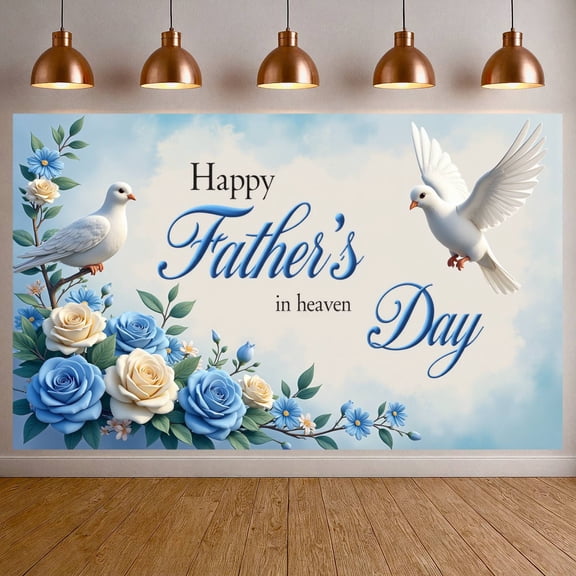 Blue Rose White Dove Happy Father's Day Banner Light Gray Background Memorial Tribute Backdrop 3D Floral Display for Father's Day Memorial Family Tribute Remembrance Service