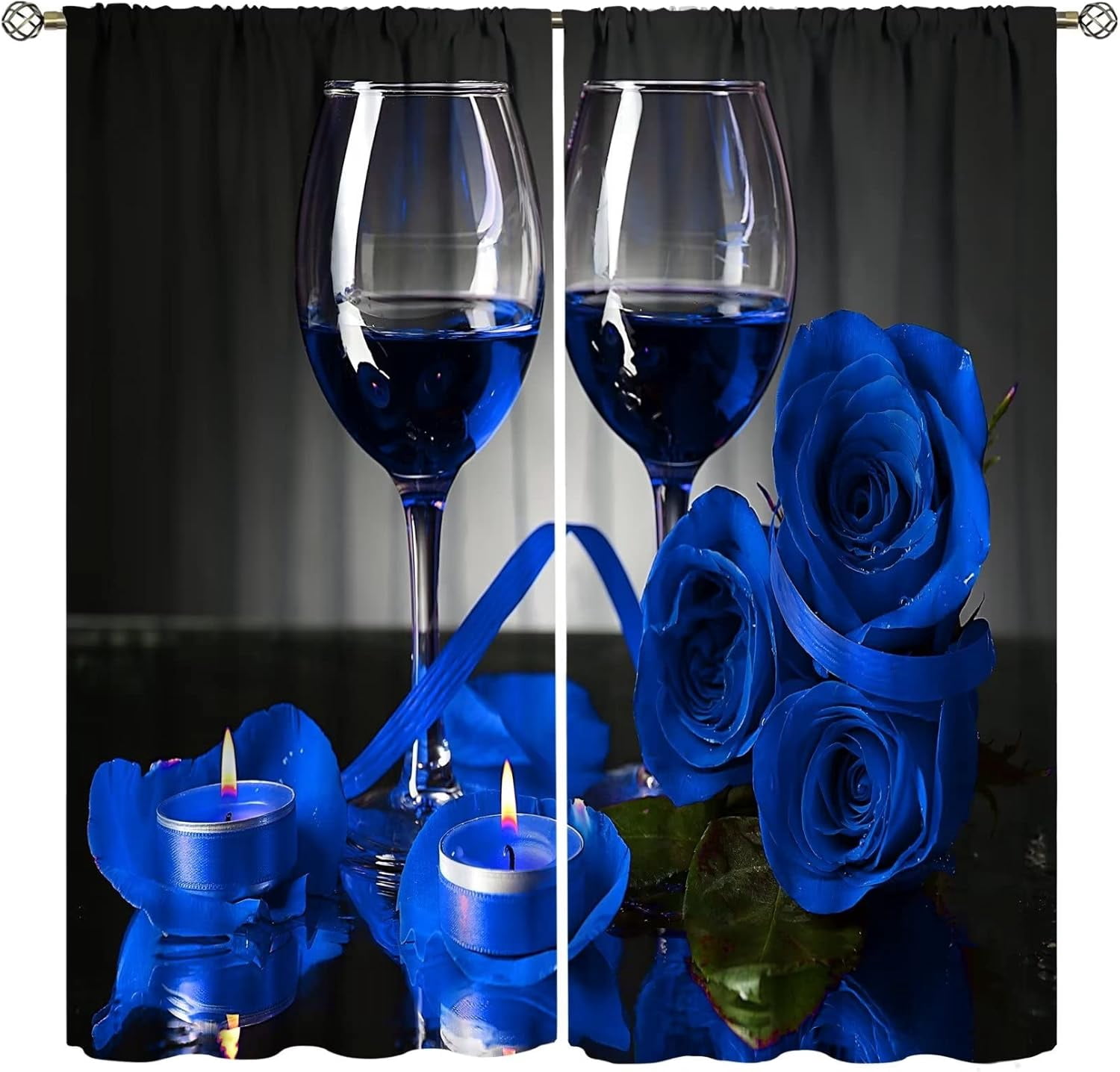 Blue Rose Wine Curtains Romantic 3D Rose Wine Glass Blossom Floral Flower Petals Valentines Curtain with Rod Pocket for Bedroom Living Room Drapes Window Treatments 2 Panels Set 84x84in