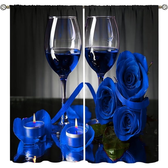 Blue Rose Wine Curtains Romantic 3D Rose Wine Glass Blossom Floral Flower Petals Valentines Curtain with Rod Pocket for Bedroom Living Room Drapes Window Treatments 2 Panels Set 42x63in