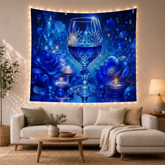Blue Rose Wine Glass Surrounded By Sparkles, Romantic Gothic Style for Flower Lovers, Floral Wall Art, Valentine's Day Gift Tapestry Wall Hanging for Bedroom and Dining Room