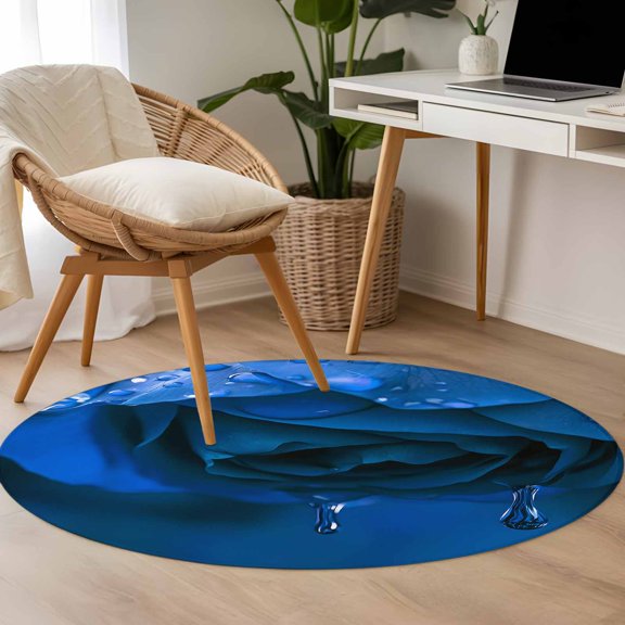Blue Rose with Drops 3.3ft Round Rug for Bedroom Reading Corner, Abstract Art Washable Non Slip Circle Area Rug