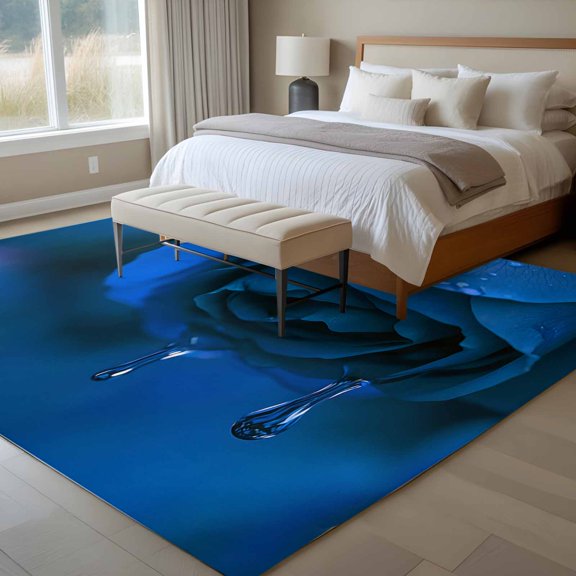 Blue Rose with Drops 6x9 Rug for Dining Room Table and Chair Setup, Abstract Art Low Pile Washable Non Slip Rectangle Area Rug