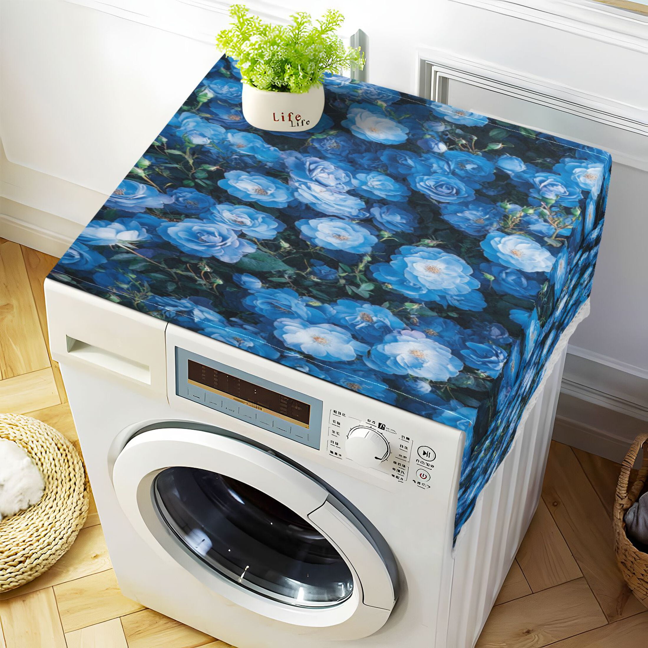Blue RoseWasher and Dryer Covers Dust-Proof and Oil Resistant Fridge Cover with 4 Storage Pockets Washing Machine Top Cover for Laundry Kitchen Home 51.2 x 22 In