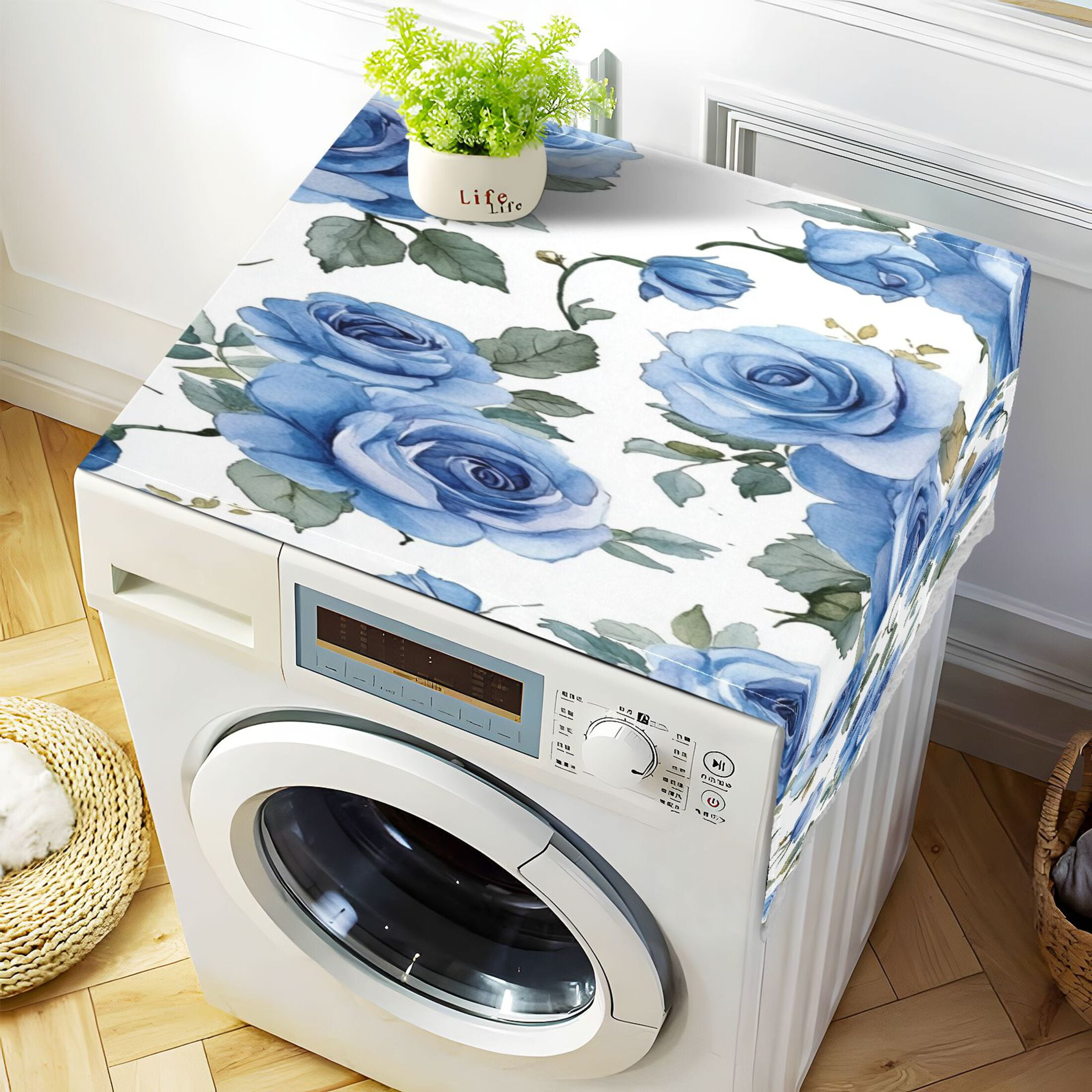 Blue RoseWasher and Dryer Covers Dust-Proof and Oil Resistant Fridge Cover with 4 Storage Pockets Washing Machine Top Cover for Laundry Kitchen Home 51.2 x 22 In