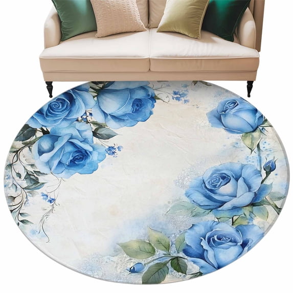 Blue Roses Area Rug, Watercolor Summer Floral Farmhouse Washable Large Circle Carpet, Non Slip Round Rug for Living Room/Bedroom/Dining Room/Home Office/Dorm