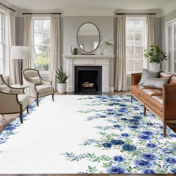 Blue Roses Area Rugs 8'x10', Washable Small Throw Rugs for Living Room Patio, Spring Floral Elegant Pastoral Flowers Botanical Indoor Outdoor Rug Non-Slip Low Pile Carpet Runner Reversible Floor Mats