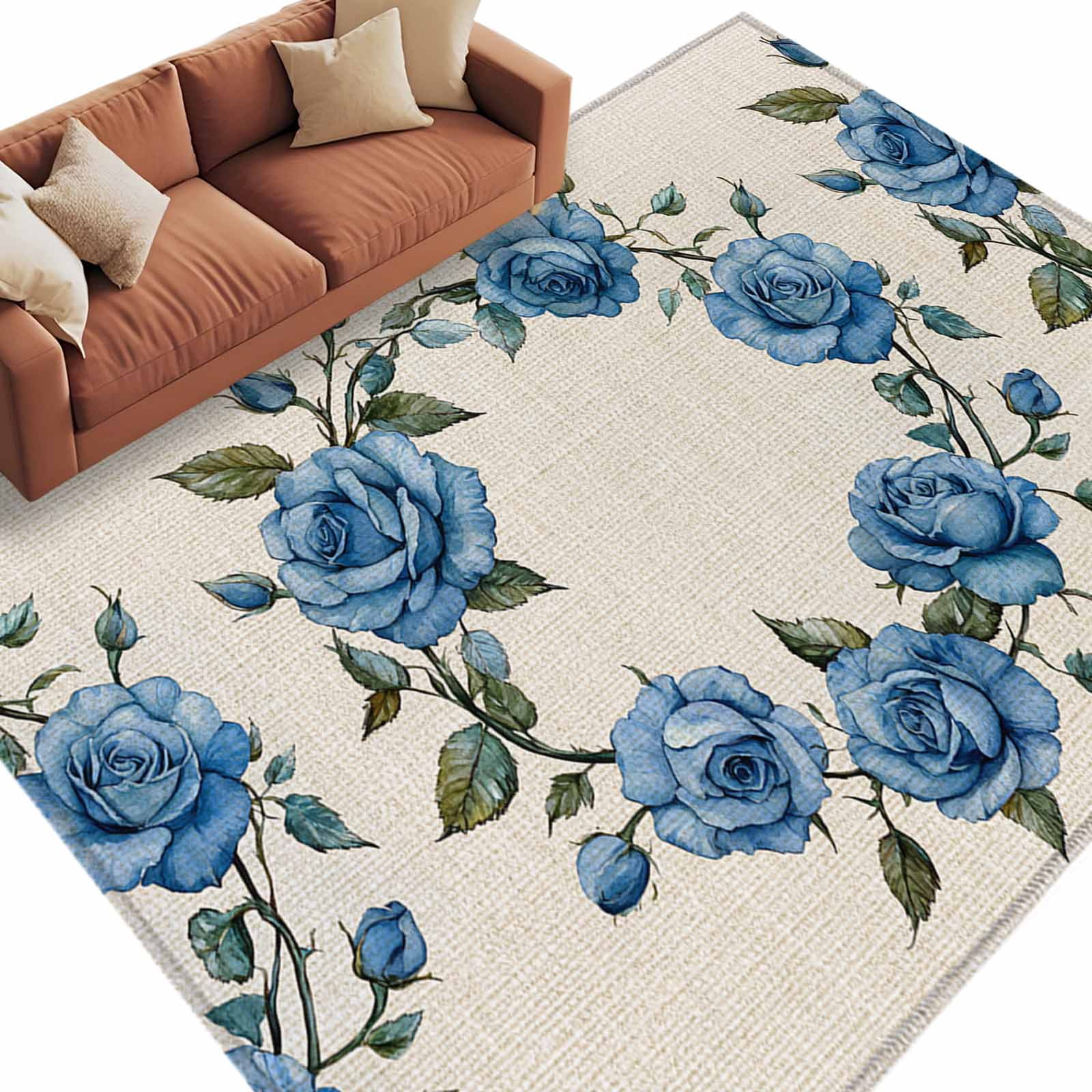Woven Rug Pattern Roses Blue Roses Area Rug 8x10ft Spring Floral Wreath Non-Slip Washable ...