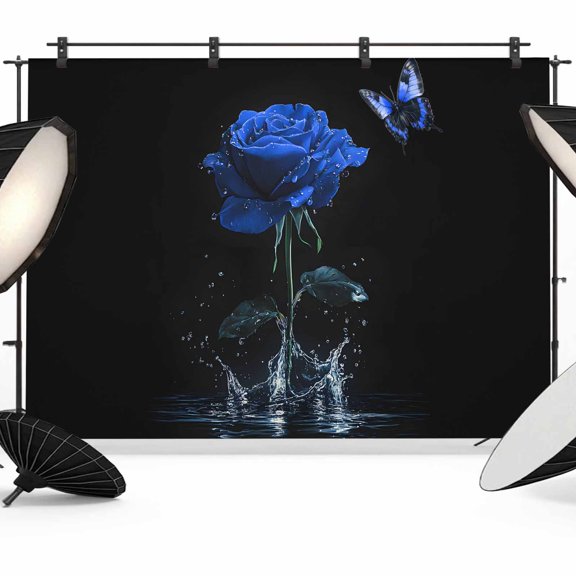 Blue Roses Backdrop for Photography, Fabric Photo Background Backdrop, Modern Art Splash Flowers Butterfly Photo Booth Background for Portrait Photoshoot Video Wedding Studio Decoration Banner 8x6ft