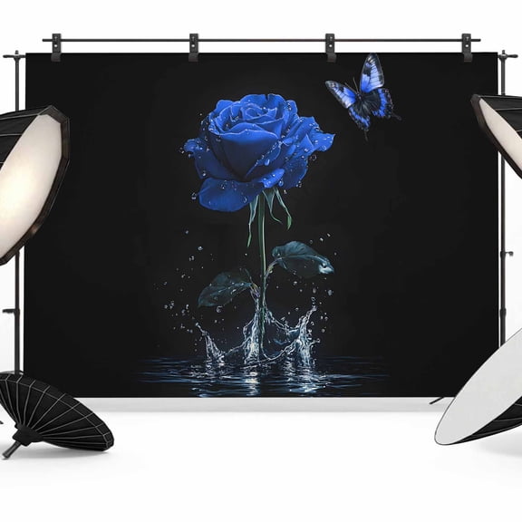 Blue Roses Backdrop for Photoshoot, Photography Photo Studio Background Wall Backdrop, Modern Art Splash Flowers Butterfly Back Drop Banner Panel for Portraits Wedding Live Streaming Decor 7x5Ft
