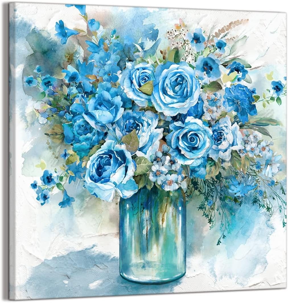 Blue Roses Bathroom Wall Decor Modern Pictures Canvas Art Print