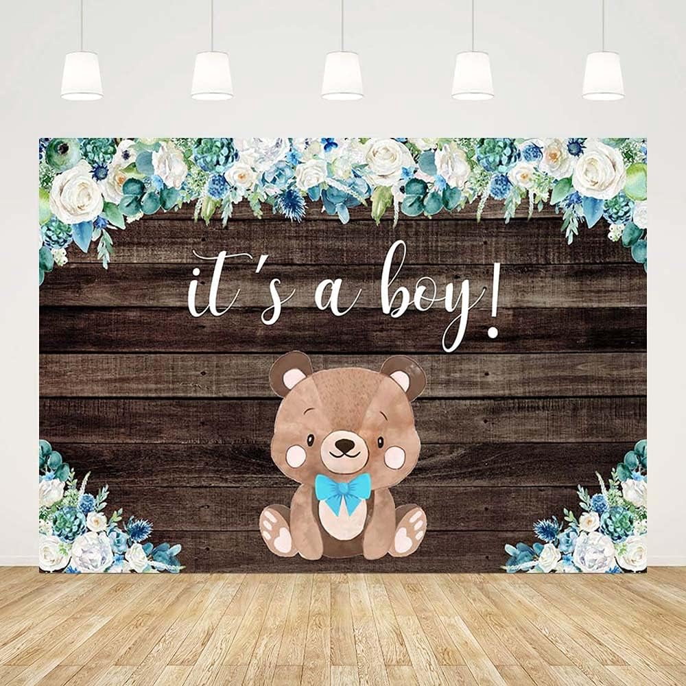 Blue Roses Boy Baby Shower Backdrop It's a Boy Floral Bear Rustic Wood ...