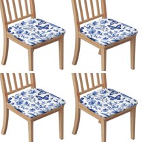 Blue Roses and Butterflies Pattern Seat Covers for Dining Room Chairs Set Of 4,Stretch Printed Washable Chair Seat Cover with Elastic Ties and Button,Removable Waterproof Couch Cushion Covers