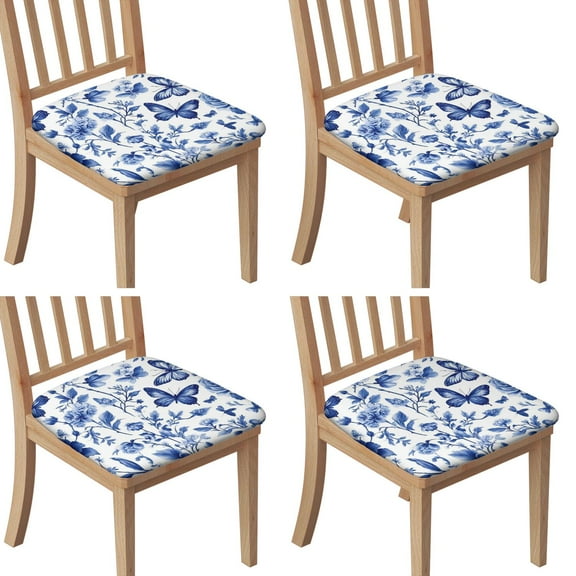 Blue Roses and Butterflies Pattern Seat Covers for Dining Room Chairs Set Of 4,Stretch Printed Washable Chair Seat Cover with Elastic Ties and Button,Removable Waterproof Couch Cushion Covers
