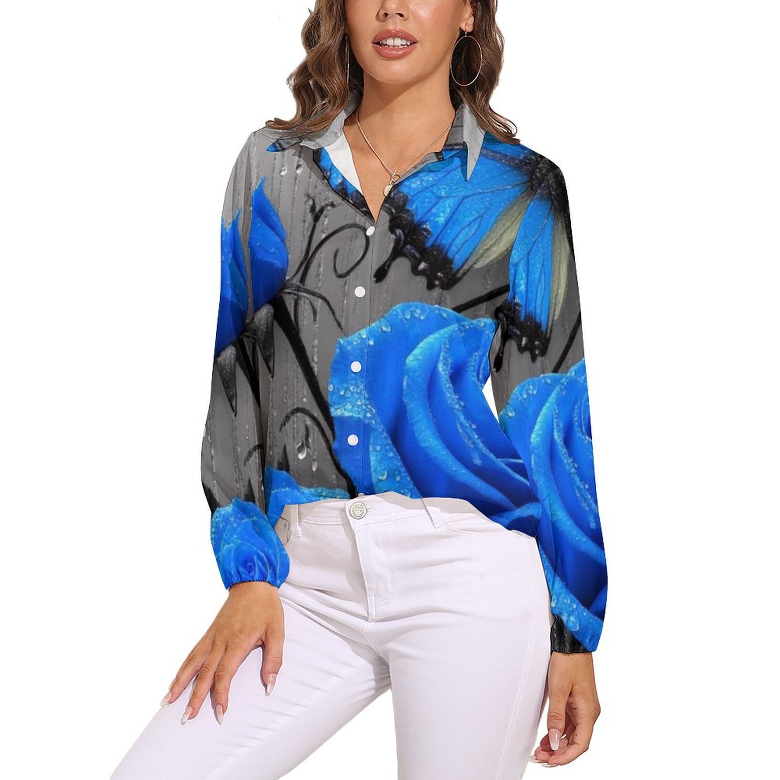Blue Rose Print Long Sleeve Shirt 44112