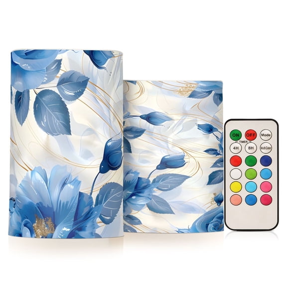 Blue Roses Flickering Flameless Candles Battery Operated with Remote Timer LED Pillar Candles Set of 2