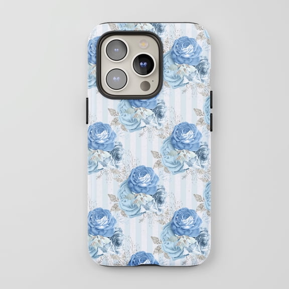 Blue Roses For All iPhone Series Protective Phone Case Watercolor Floral Glitter Blue
