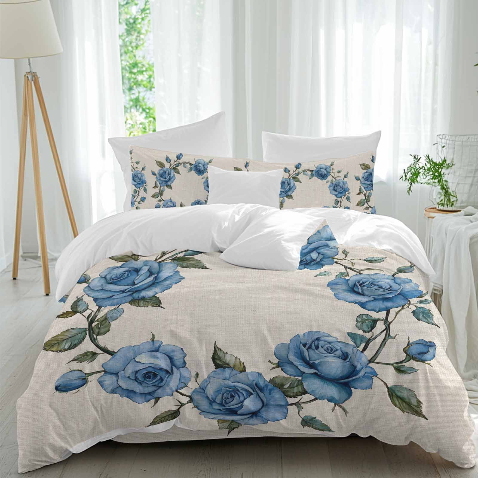 Blue Roses Full Duvet Cover Set, Spring Floral Wreath 4 Piece Microfiber Bedding Set with Zipper ...