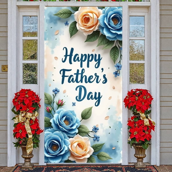 Blue Roses Happy Father's Day Banner Peach Roses Dad Celebration Backdrop Green Leaves Small Blue Flowers Father Honor Background for Father's Day Party Home Celebration Family Dinner