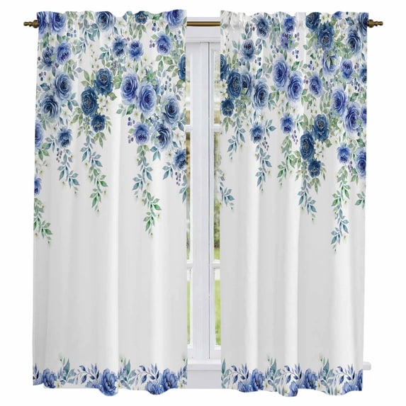 Blue Roses Kitchen Curtains 63 Inch Length, Spring Floral Elegant Pastoral Flowers Botanical Tiers Curtains for Living Room Berdoom, Light Filtering Drapes Window Treatment 2 Panels 42"Wx63"L