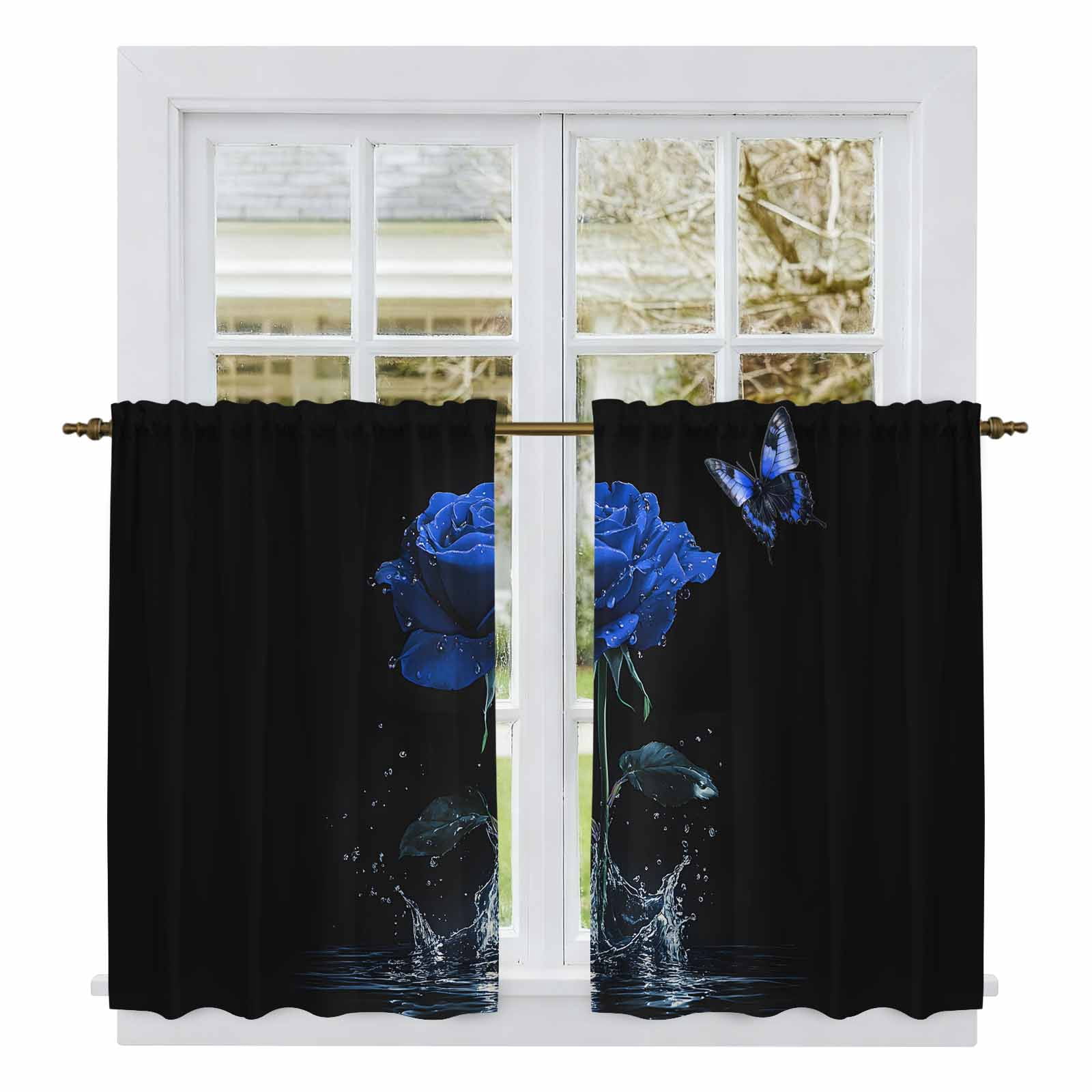 Fresh Look at Blue Roses Kitchen Curtains Modern Art Splash Flowers Butterfly Light