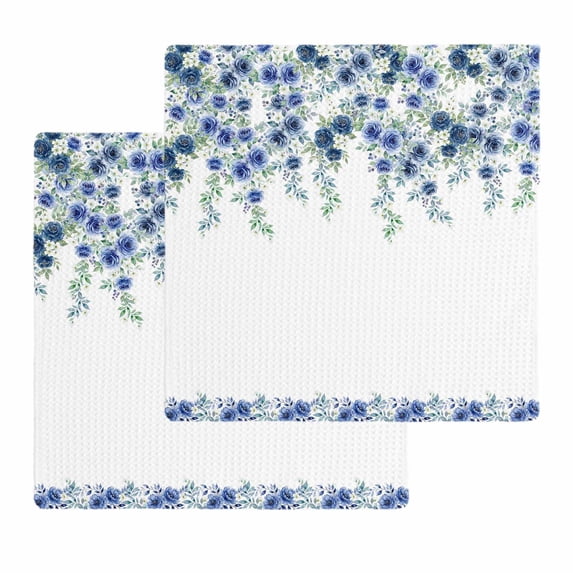 Blue Roses Kitchen Dish Towels for Drying Dishes Set of 2, Spring Floral Elegant Pastoral Flowers Botanical Waffle Weave Microfiber Hand Tea Bathroom Towels Quick Dry & Absorbent Towel 12x12