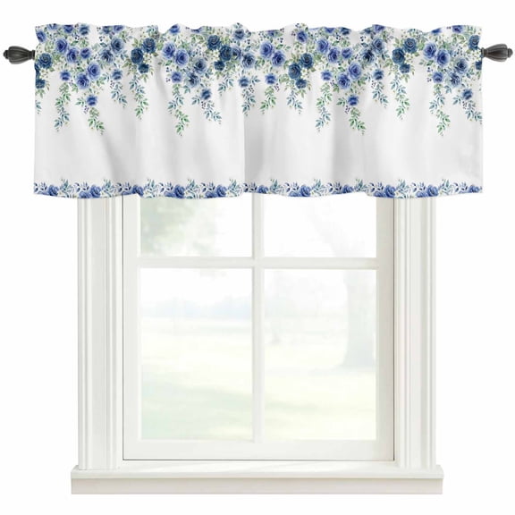 Blue Roses Kitchen Valances for Windows, Spring Floral Elegant Pastoral Flowers Botanical Bathroom Window Valances 42x12 Inch Window Treatments Valance Curtains for Living Room Bedroom Decor