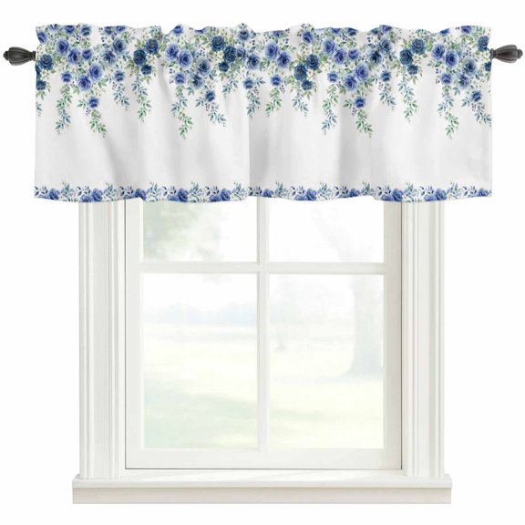 Blue Roses Kitchen Valances for Windows, Spring Floral Elegant Pastoral Flowers Botanical Bathroom Window Valances 60x18 Inch Window Treatments Valance Curtains for Living Room Bedroom Decor