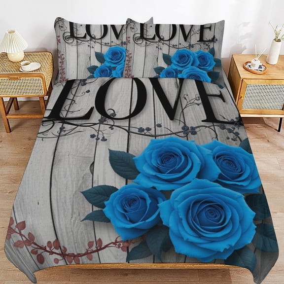 Blue Roses Love Art Print-1 3D Duvet Cover 3pcs Set Bedding Set Polyester Microfiber Quilt Cover for Bedroom Decoration Twin