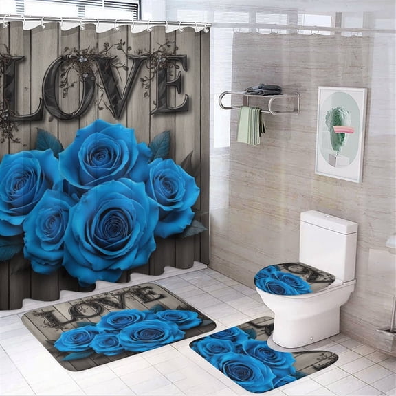 Blue Roses Love Art Print Shower Curtain Sets Non-Slip Rugs Bath Mat Toilet Cover U Shaped Mat 4 Pcs