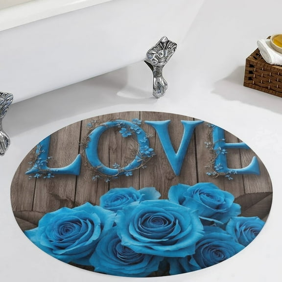 Blue Roses Love Print Round Area Rugs for Bedroom Living Room, 3FT Soft Comfy Indoor Circle Carpets, Carpet Home Decor Floor Mat