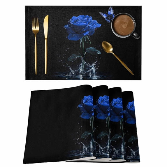 Blue Roses Placemats Set of 4 Modern Art Splash Flowers Butterfly Place Mats Indoor Wipeable Table Mats Washable Cloth Dining Table Placemats for Kitchen Holiday Party Home Decor 13x19 Inch