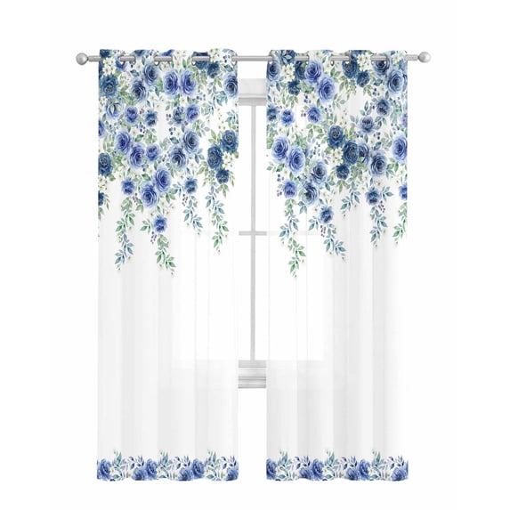 Blue Roses Sheer Curtains 63 Inch Length 2 Panels Set for Living Room/Bedroom, Spring Floral Elegant Pastoral Flowers Botanical Kitchen Curtains Grommet Curtains Window Treatments 42"x63"x2