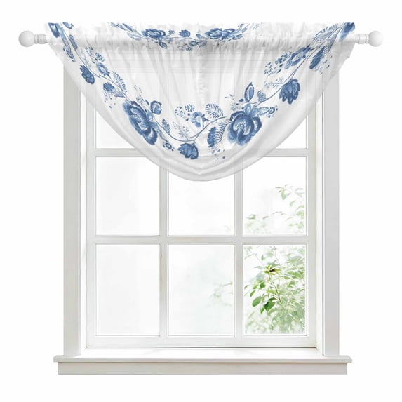 Blue Roses Sheer Waterfall Valance Curtains for Window, Romantic Floral ...