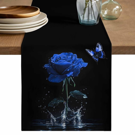 Blue Roses Short Table Runner 48 Inches Long, Modern Art Splash Flowers ...