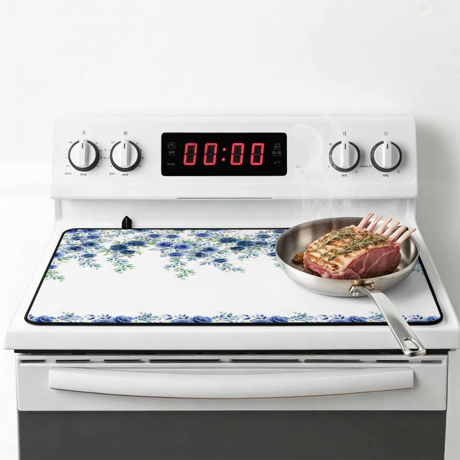 Blue Roses Stove Top Cover for Electric Stove, Heat-proof & Non Slip Glass Top Stove Cover Protector, Spring Floral Elegant Pastoral Flowers Botanical Kitchen Flat Cooktop Rubber Mat 24x21 Inches