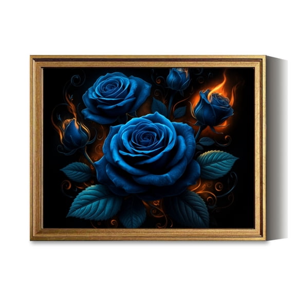 Blue Roses With Flames Vintage Gold Framed Wall Art Decor Retro Canvas Paintings for Living RoomBedroom