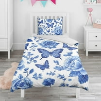 Blue Roses and Butterflies Pattern Duvet Cover and Pillowcase Set for Single Bedding, Bedroom Accessories for Kids Teens