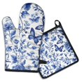 thumbnail image 1 of Blue Roses and Butterflies Pattern Kitchen Oven Mitt and Pot Holder Sets 2 Pcs for Baking, Cooking and Grilling, Heat Resistant Up To 392 °F, 1 of 7