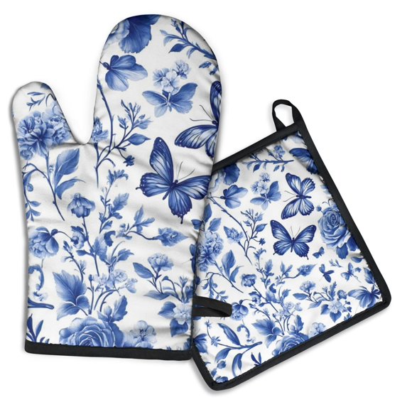 Blue Roses and Butterflies Pattern Kitchen Oven Mitt and Pot Holder Sets 2 Pcs for Baking, Cooking and Grilling, Heat Resistant Up To 392 °F