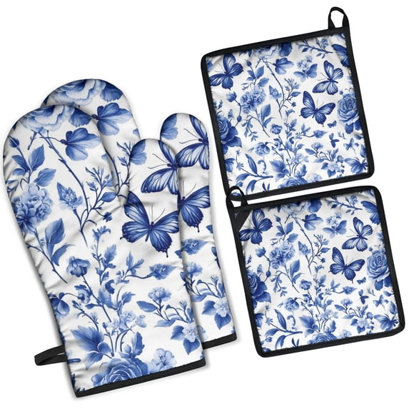 Blue Roses and Butterflies Pattern Kitchen Oven Mitt and Pot Holder Sets 4 Pcs for Baking, Cooking and Grilling, Heat Resistant Up To 392 °F