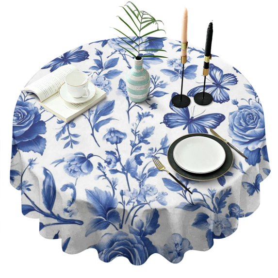 Blue Roses and Butterflies Pattern Round Tablecloth 60" X 60",Wrinkle Wipeable Table Cloth for Kitchen Dining Room Picnic Patio Party