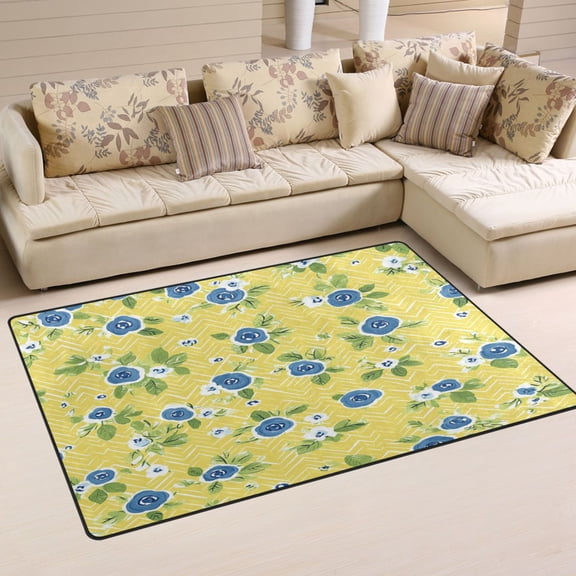 Blue Roses on Yellow Soft Polyester Area Rug 31''x20'', Non Slip, Memory Foam, Water Absorbent