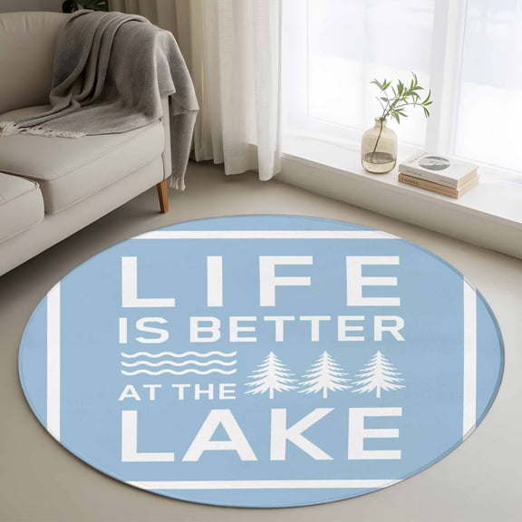 Blue Round Area Rug 3.3 FT, Non Slip Small Entryway Kitchen Mat, Mountain Forest Tree Life Is Better at The Lake Washable Soft Circular Rug Non-Shedding Door Mat for Bathroom Playroom Kids Room