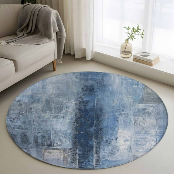 Blue Round Area Rug 3.3 FT, Non Slip Small Entryway Kitchen Mat, Retro Oil Painting Modern Abstract Art Aesthetics Washable Soft Circular Rug Non-Shedding Door Mat for Bathroom Playroom Kids Room