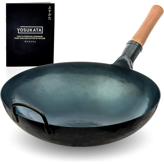 Blue Round Bottom Wok Pan – 14" Woks and Stir Fry Pans - Chinese Hammered Pow Carbon Steel - Traditional Chinese Japanese Woks (14", Blue)