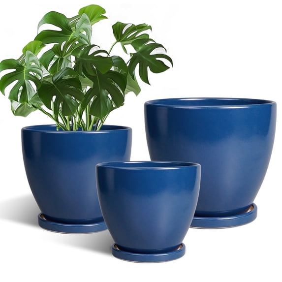 Modern Pots for Plants - 10/8/6 inch with Drainage Hole, Round Ceramic Planter Set for Succulents & Flowers Decorative Home Accent Matte Blue