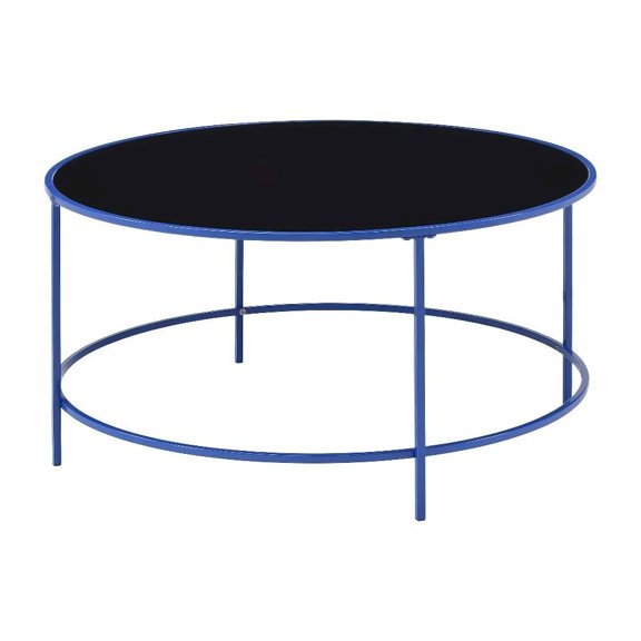 Blue Round Coffee Table with Tempered Glass Top and Steel Frame, Single Piece