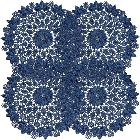Blue Round Flower Crochet Doilies Set of 4 for Tables Vintage Ethnic Placemats Polyester Fabric Washable Tea Party Crochet Coasters for End Table Dessert Trays Nightstand 25cm